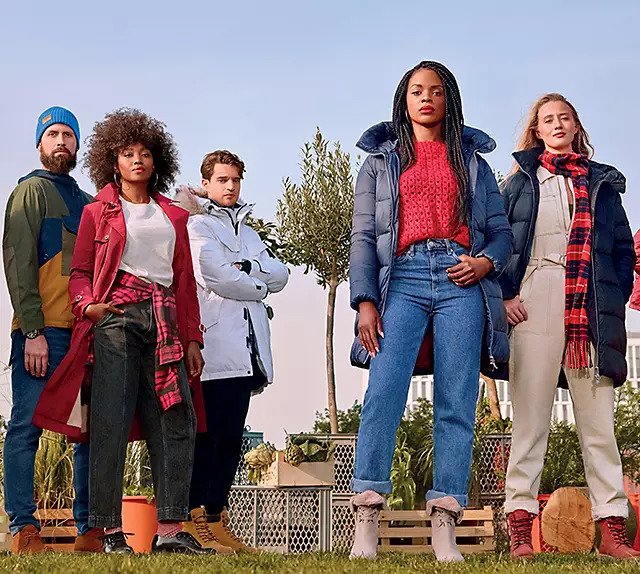 Image of a group of people all facing the camera wearing Timberland clothing.