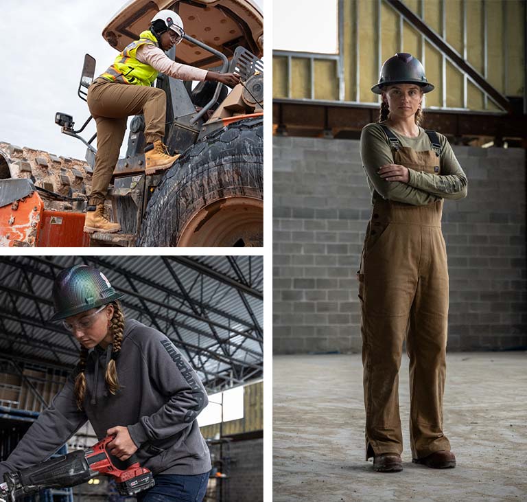 Image collage of a Black woman in a hard hat, wearing a yellow safety vest, climbing up into a large tractor-type machine, and a white woman in two braids and hard hat standing in a warehouse. Both women are wearing wheat colored Timberland work boots.