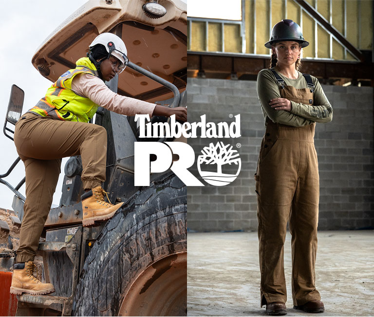 Image collage of a Black woman in a hard hat, wearing a yellow safety vest, climbing up into a large tractor-type machine, and a white woman in two braids and hard hat standing in a warehouse. Both women are wearing wheat colored Timberland work boots.