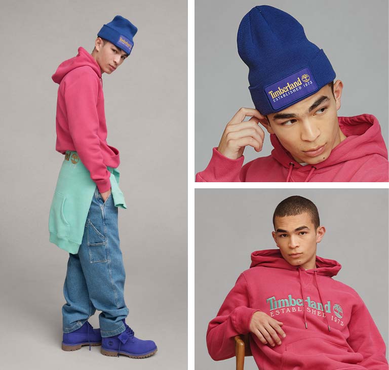 Image collage showing a man in a salmon colored Timberland hoodie with dark blue beanie, and a closeup of a man from waist down showing a pair of bright blue Timberland boots, jeans and a teal hoodie dangling from the waist.