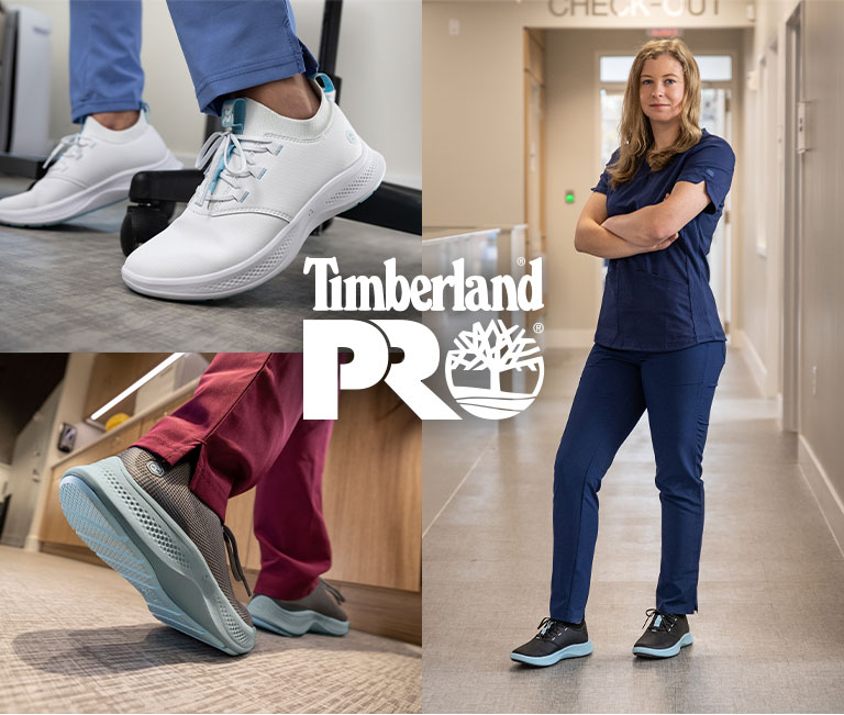 Image collage of Timberland PRO Solace work sneakers. One blond woman is wearing navy scrubs and black sneakers with white soles, standing in the hallway of a medical building with her arms crossed. Then there are two closeup shots of the shoes in white and gray, shown in mid-stride from the ankles down to see how flexible the outsoles are.