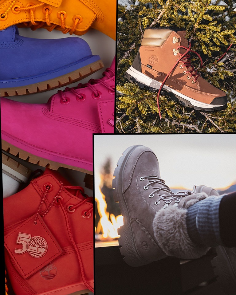 Image collage of brightly colored boots laid down in a jumble, with one image of a gray boot propped up on a blazing outdoor propane fire table, with an evening sky in the background. 