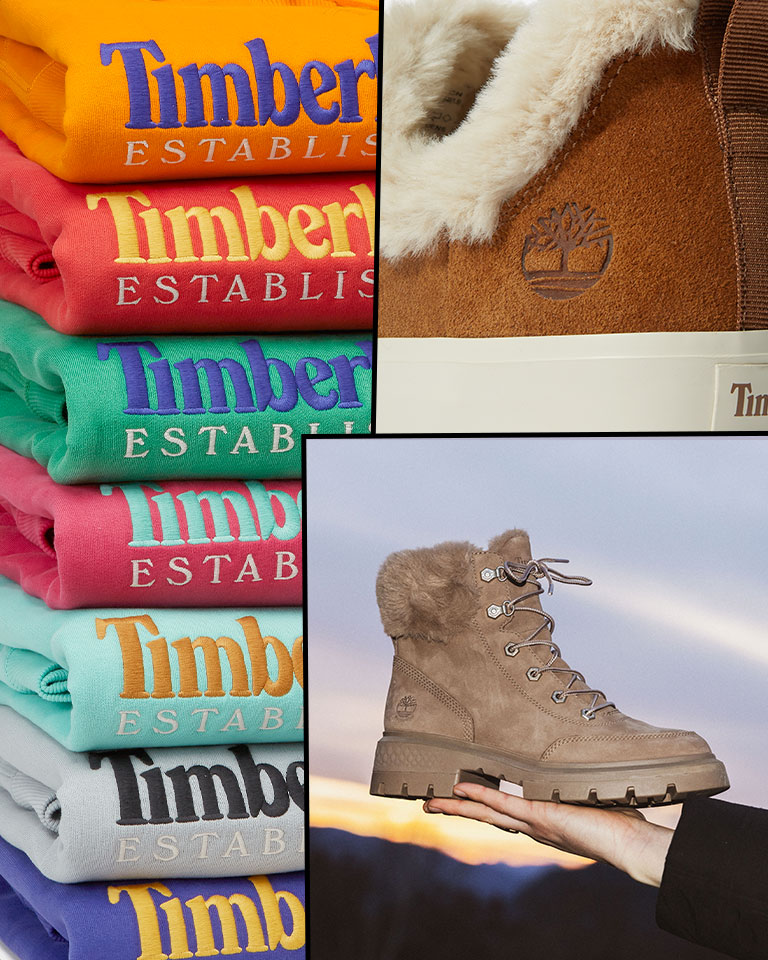 Image collage of brightly colored Timberland winter sweatshirts in red, gold and green, with large logos that say Timberland Established 1973. Another shot is of a brown winter Timberland boot with faux fur collar in the same color, being held up against the sunset with blurred mountains in the background.