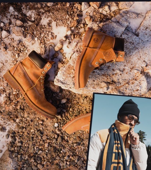 Split screen image with Timberland Yellow boots on the ground and other image has a man wearing sunglasses and Timberland scarf, hat and jacket.