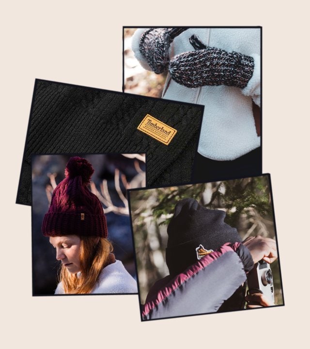 Split images of Timberland accessories like mittens, hats and scarfs that are all under the price of $100