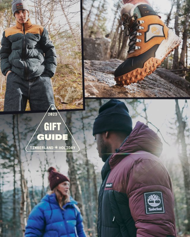 Split photo of three different people wearing Timberland apparel and footwear hiking through the woods. There is also an icon that reads: Gift Guide