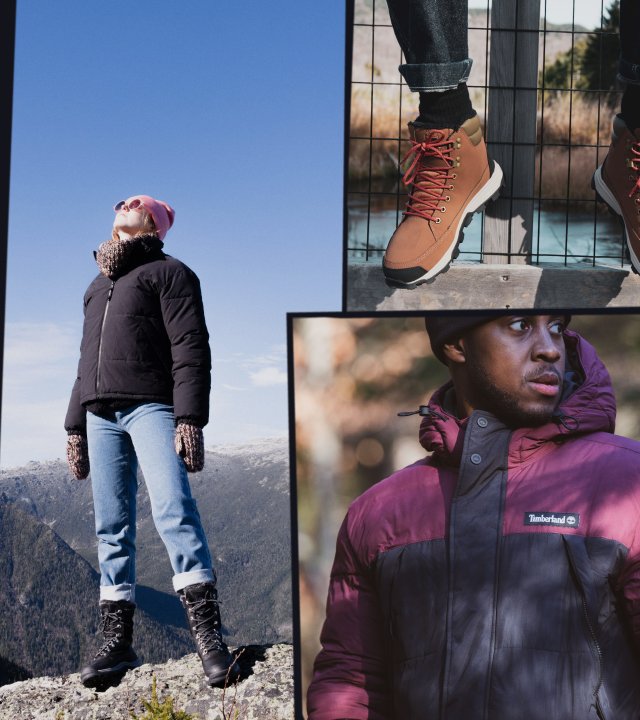 Split image of a woman in Timberland jacket, boots and hat. A man in the woods wearing Timberland apparel and another separate image of a Timberland hiking boot in the city.