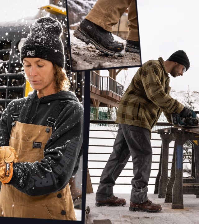 Split image of a woman in Timberland PRO workwear bib pants, sweatshirt and hat. A man at a saw table in Timberland apparel and boots and another separate image of a Timberland PRO work boot.
