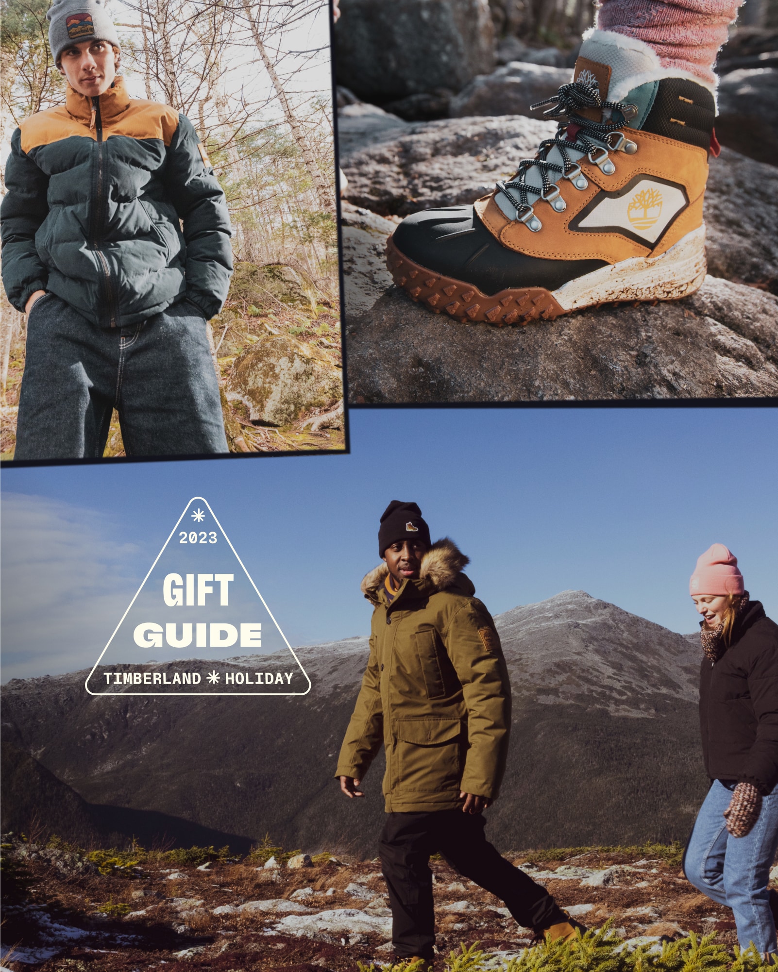 Image collage of a man and woman walking together high on a mountain path above treeline, against mountains and blue sky. He is wearing a black Timbelrand hat, black pants and a puffy olive Timberland winter coat. The woman is wearing a black Timberland winter coat, pink winter hat and jeans, with matching marled scarf and mittens. Another image is a closeup of a pair of wheat, white and black Timberland hiking boots with tree logos on the sides, on a rock from the ankles down.