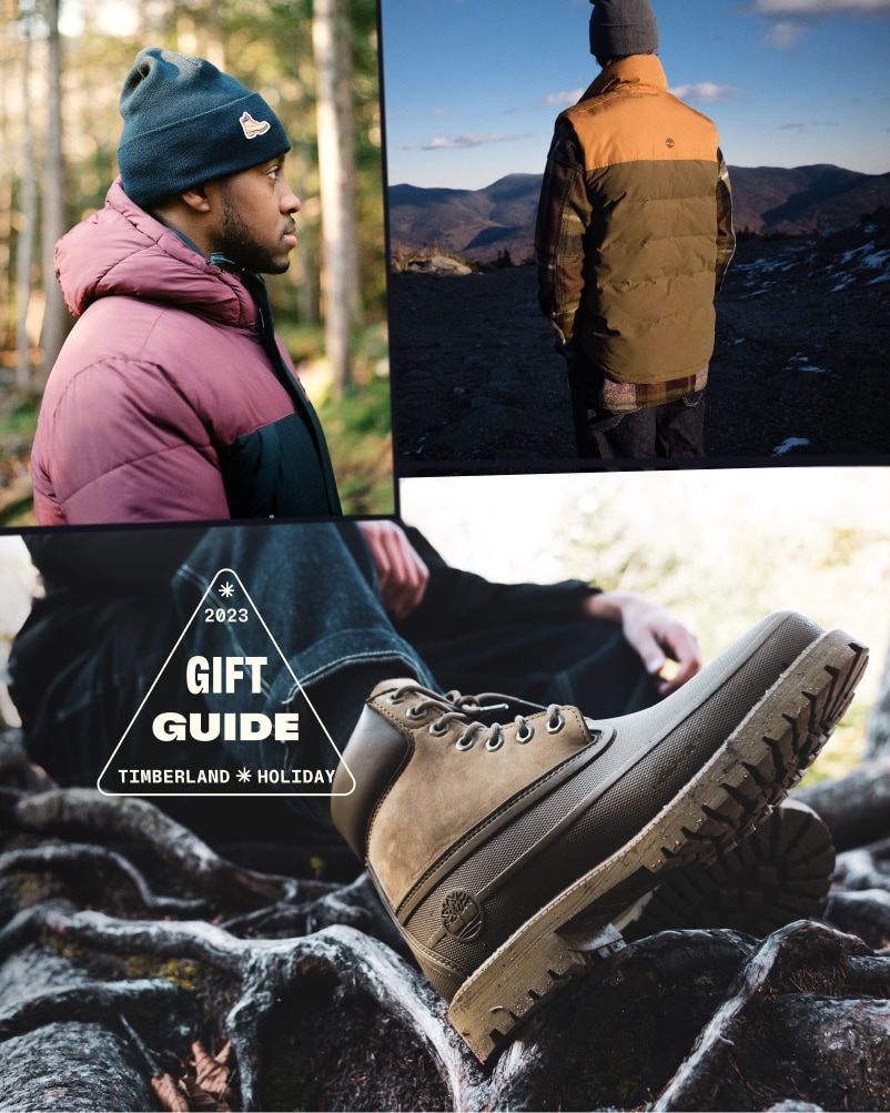 Image collage of a man standing in the woods, blurred trees behind him, wearing a maroon and black Timberland puffy coat and black winter beanie. Another image is of a Timberland brown two-toned hiking boot, from the ankle down, propped up against dark gray rocks in the forest.