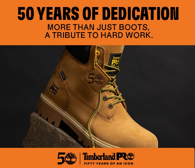 Timberland PRO Yellow boot on a brick leaning forward with orange top and bottom to photo. Text if photo read: 50 Years of dedication, more than just boots- a tribute to hard work.