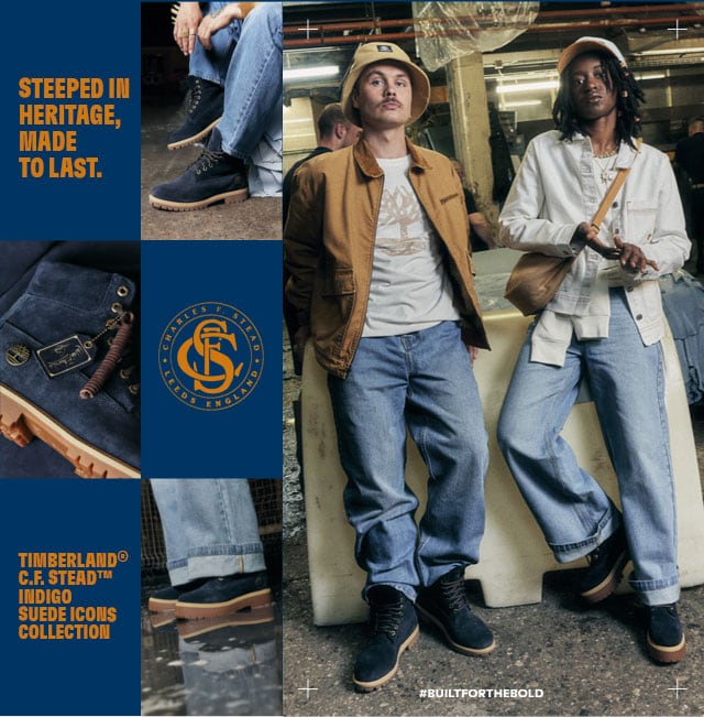 Image collage of the new Timberland Indigo Suede collection of footwear. One image shoes two dark blue boots with brown outsoles and gold hardware atop a blue cloth in an empty warehouse. Another image shows a group of six young people all standing in an alley beside an industrial brick building. All are leaning on piles of stacked cloth and wearing dark blue Timberland Indigo boots or shoes.