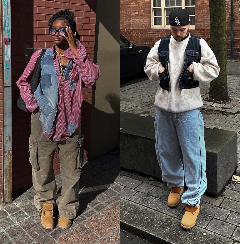 Side by side images of a man and woman wearing street clothes and timberland boots