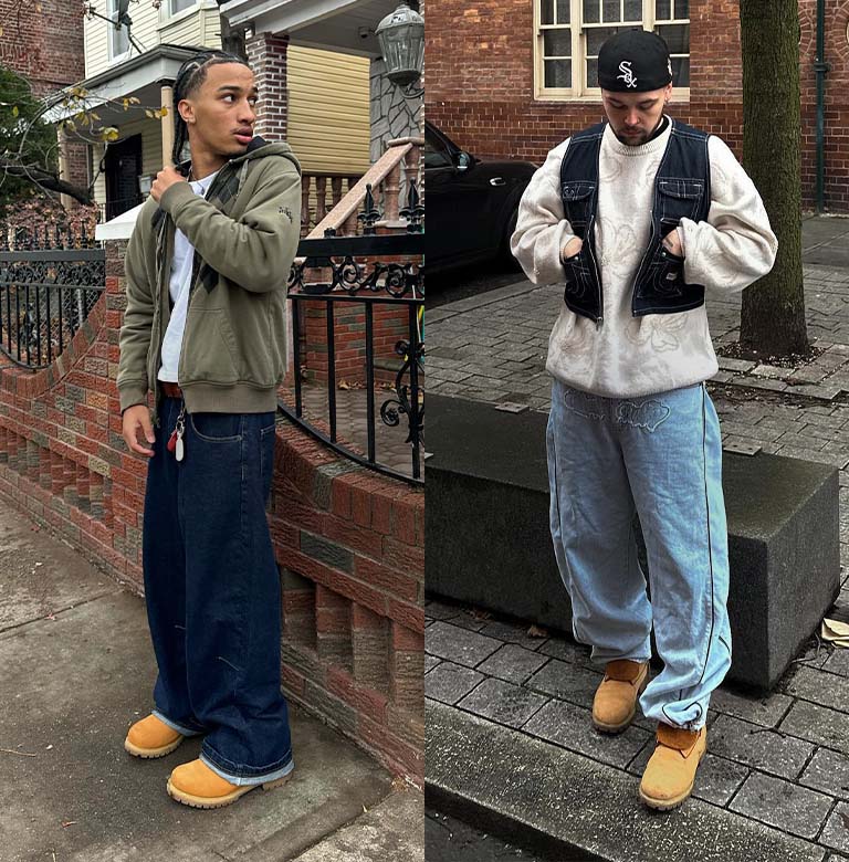 Side by side images of two men wearing street clothes and Timberland boots
