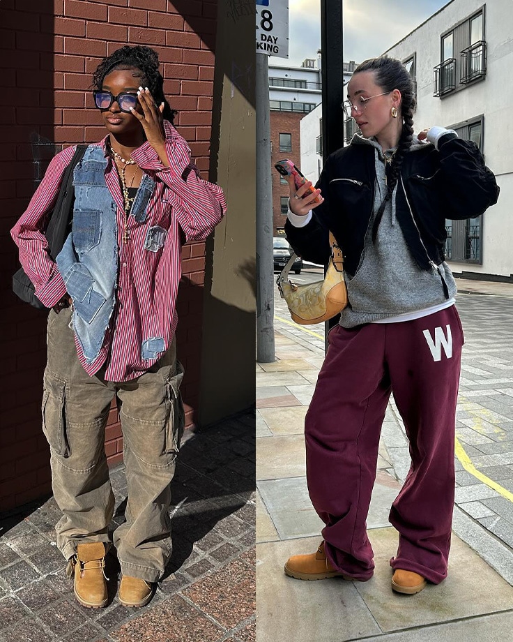 Side by side images of two women wearing street clothes and Timberland boots