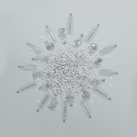 image of multiple clear bottles in a circle on a gray background
