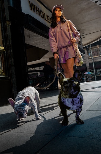 Women walking two dogs while wearing Timberland apparel.